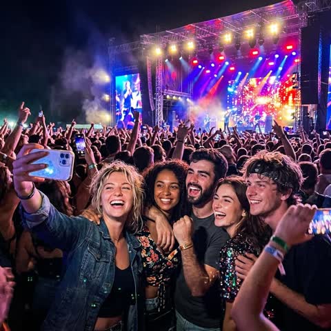 Friends taking a selfie in the crowd