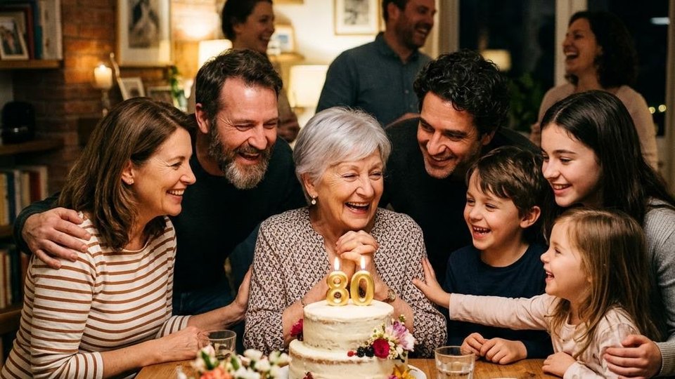 Family gathered around a birthday cake